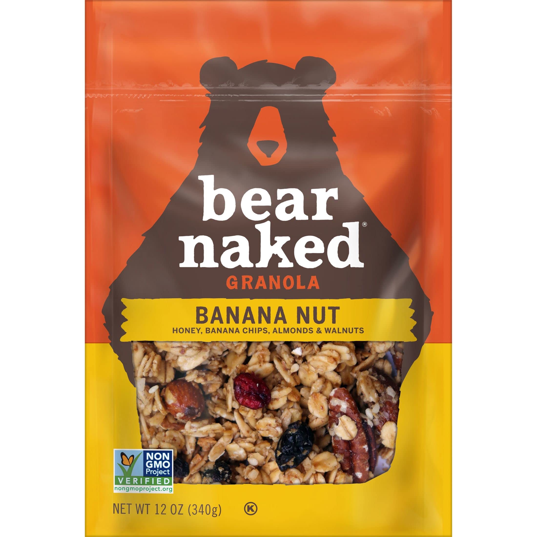 Kellogg's Bear Naked Banana Nut granola honey drizzle close-up, subtle sweetness.