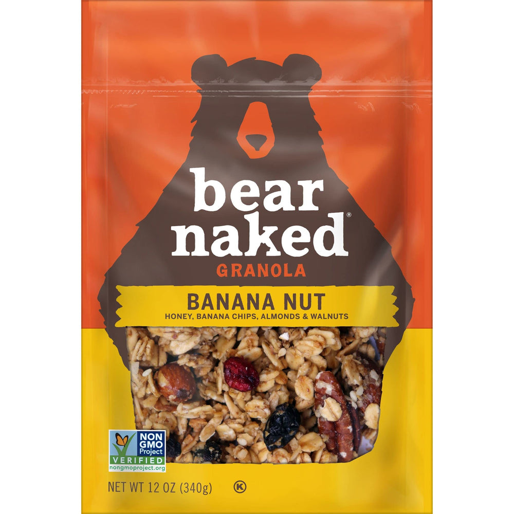 Kellogg's Bear Naked Banana Nut granola honey drizzle close-up, subtle sweetness.
