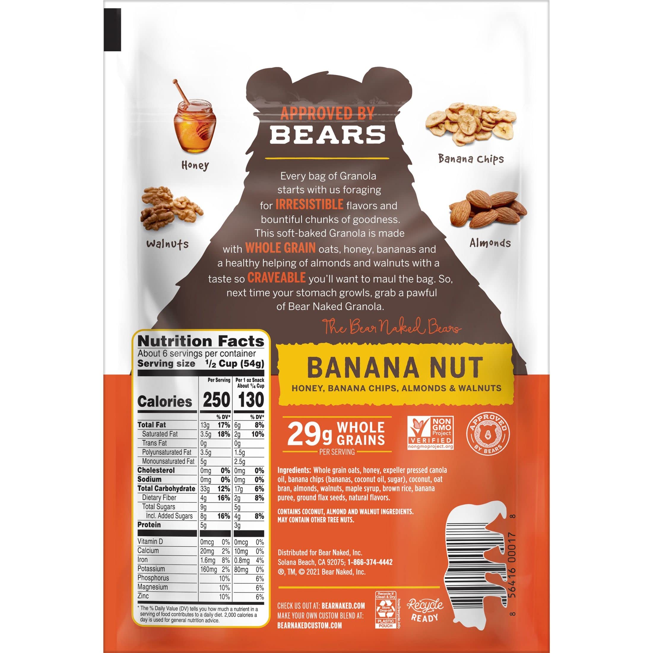 Kellogg's Bear Naked Banana Nut granola ingredients spread, oats and nuts visible.
