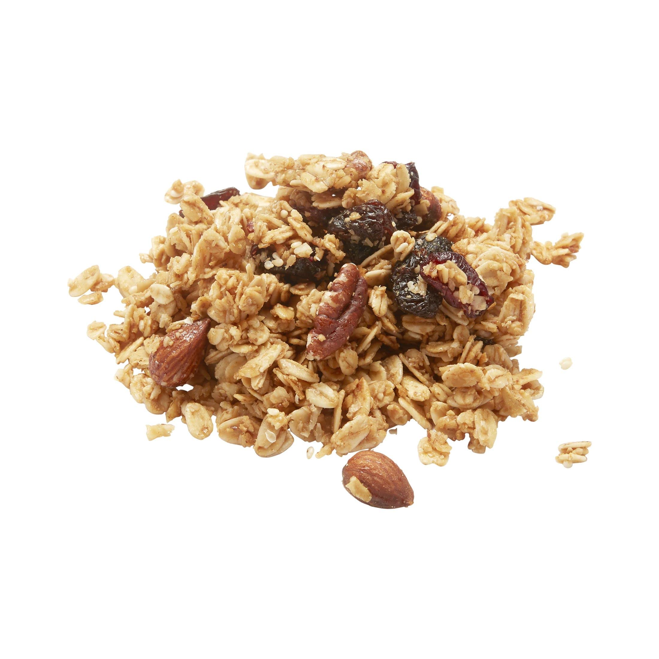 Kellogg's Bear Naked roasted almonds and pecans with cranberries close-up, crunchy texture highlighted