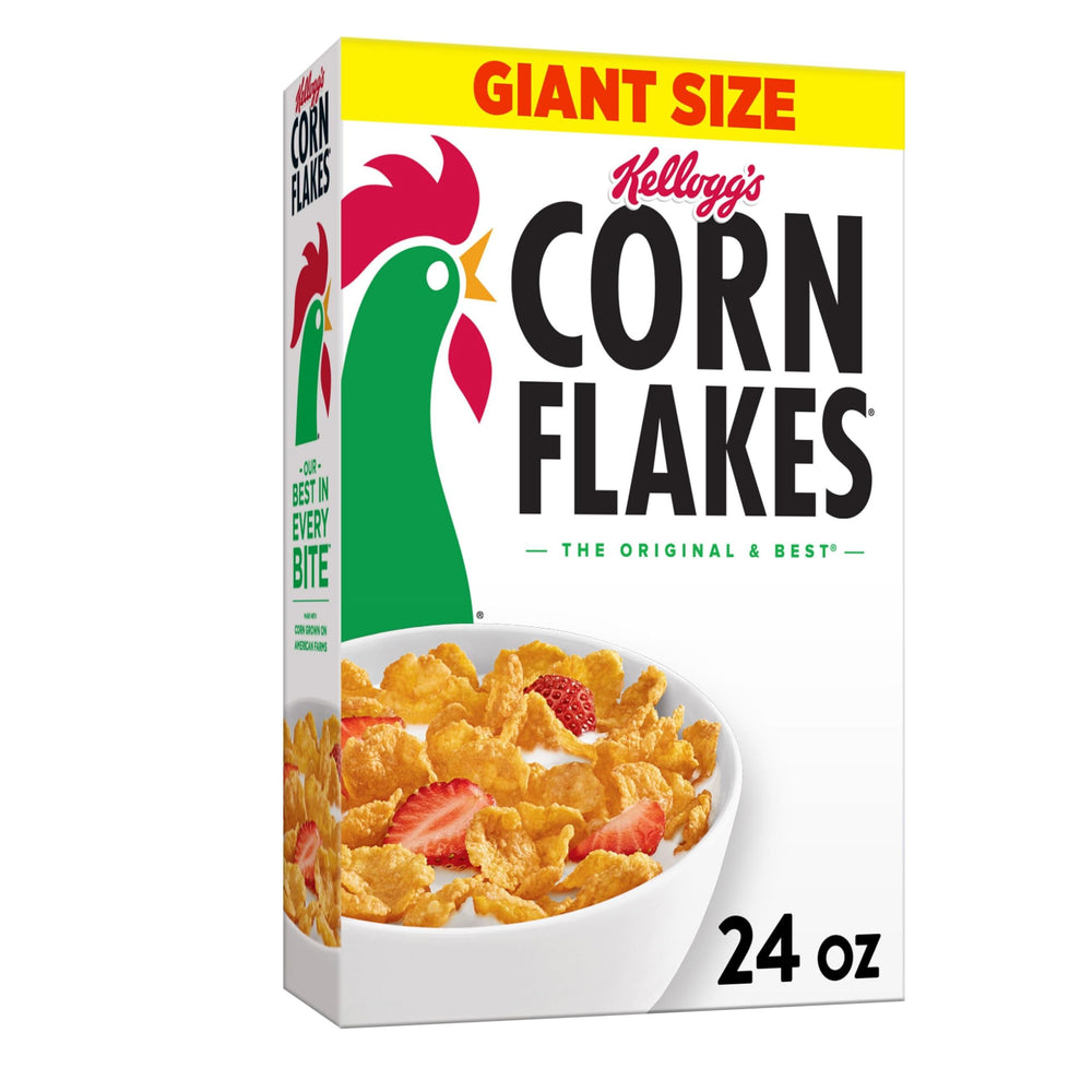 Kellogg's Corn Flakes in a bowl with milk for a quick, crunchy breakfast.