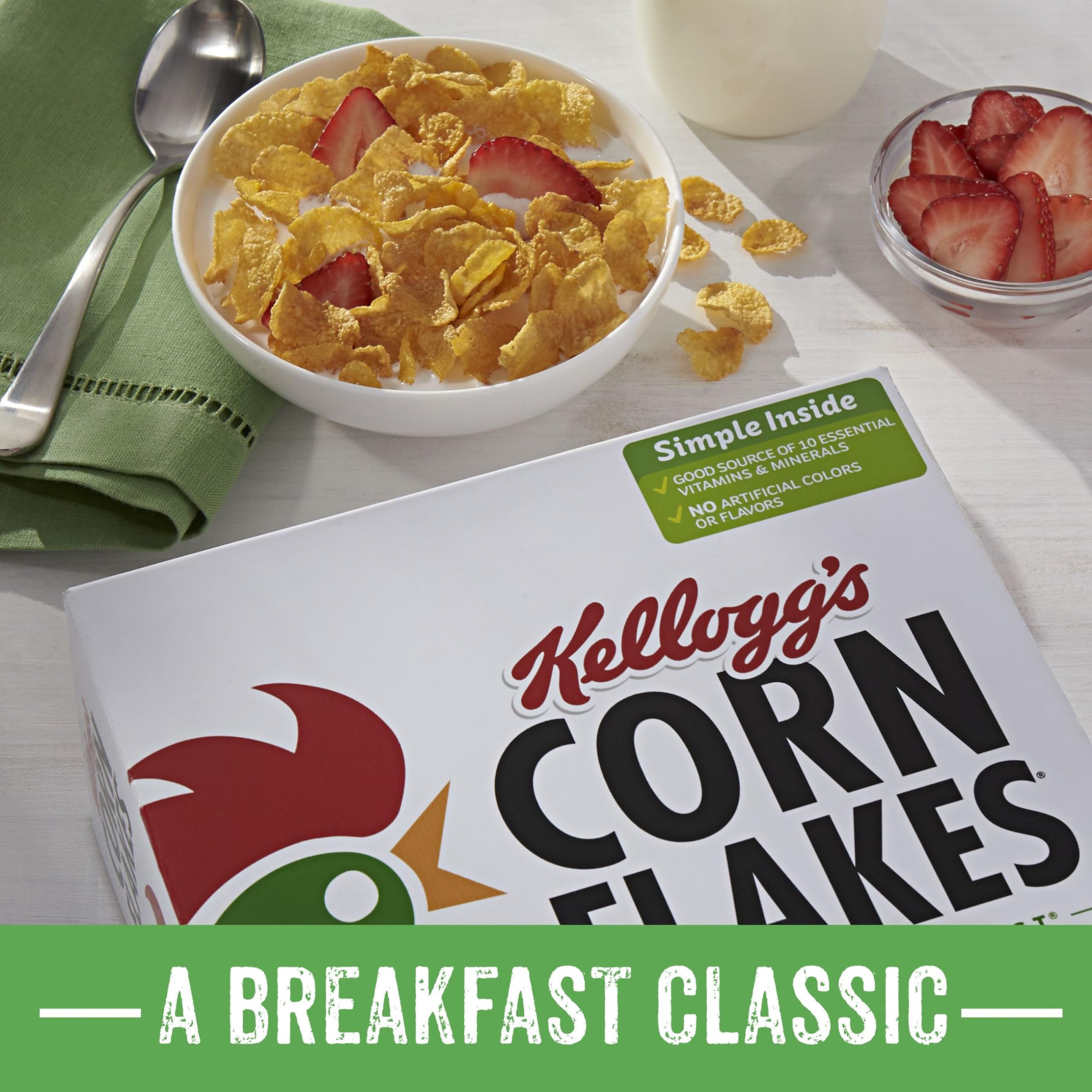 Kellogg's Corn Flakes cereal bowl with fruit, a balanced morning ritual.