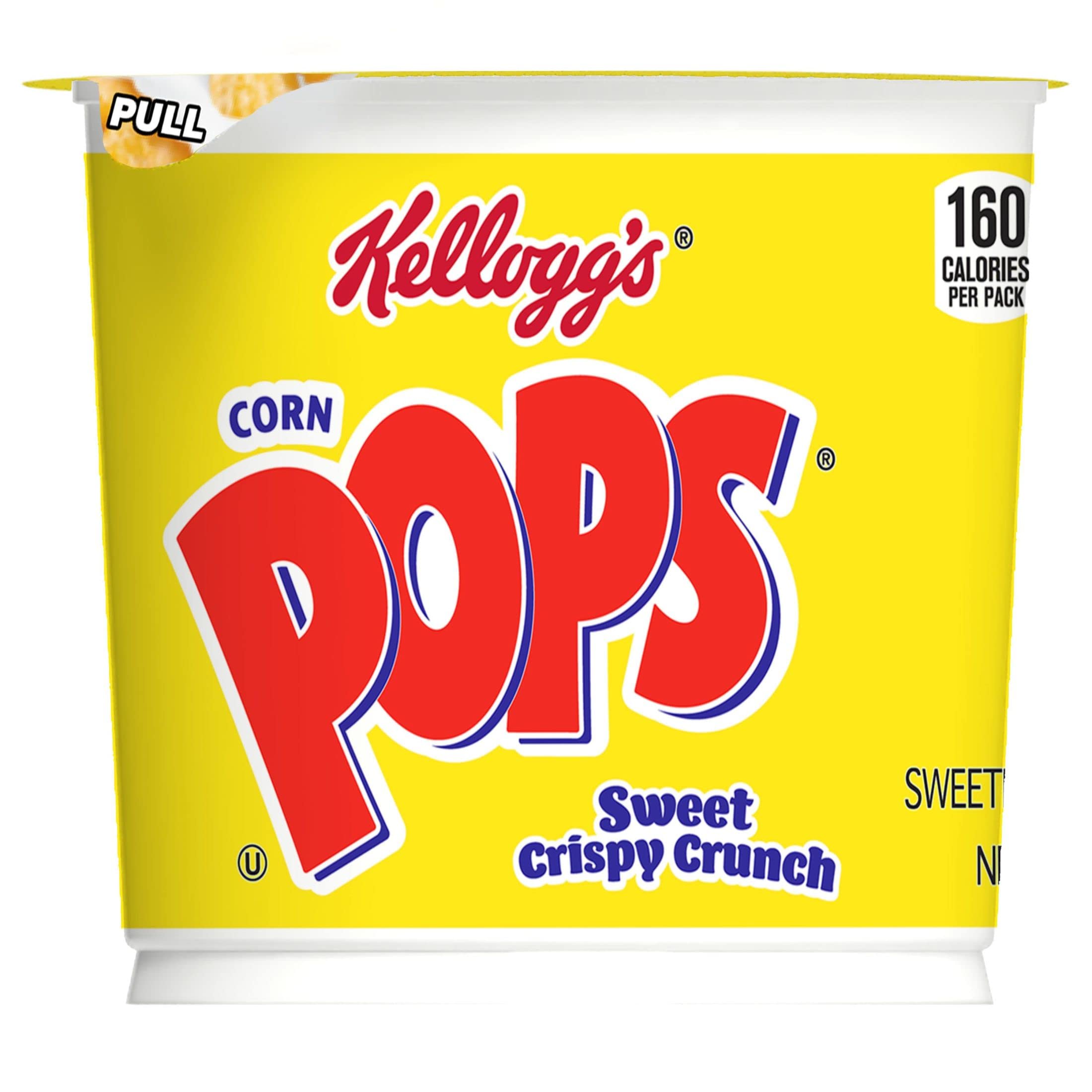 Kellogg's Corn Pops Cups close-up of crisp, sparkling cereal.