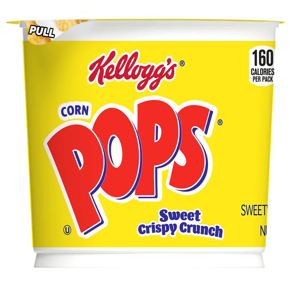 Kellogg's Corn Pops Cups close-up of crisp, sparkling cereal.