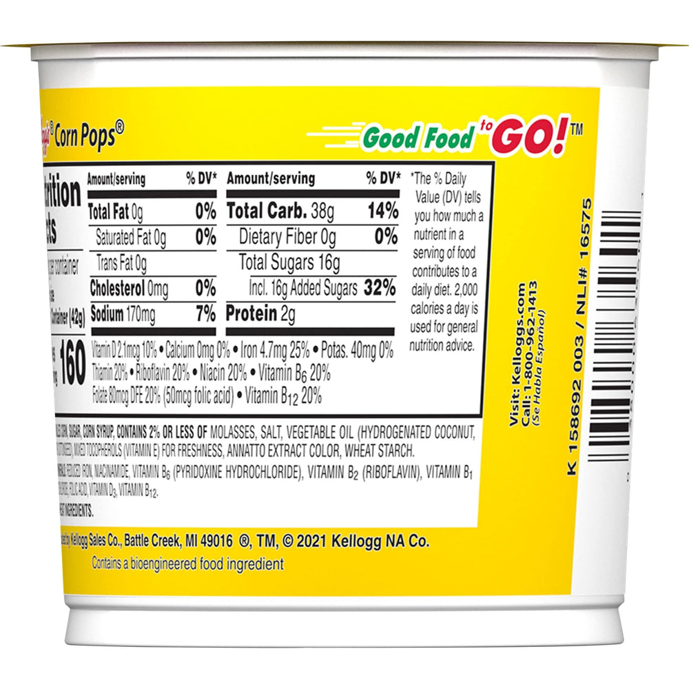Kellogg's Corn Pops Cups nutrition panel close-up highlighting vitamins and minerals.