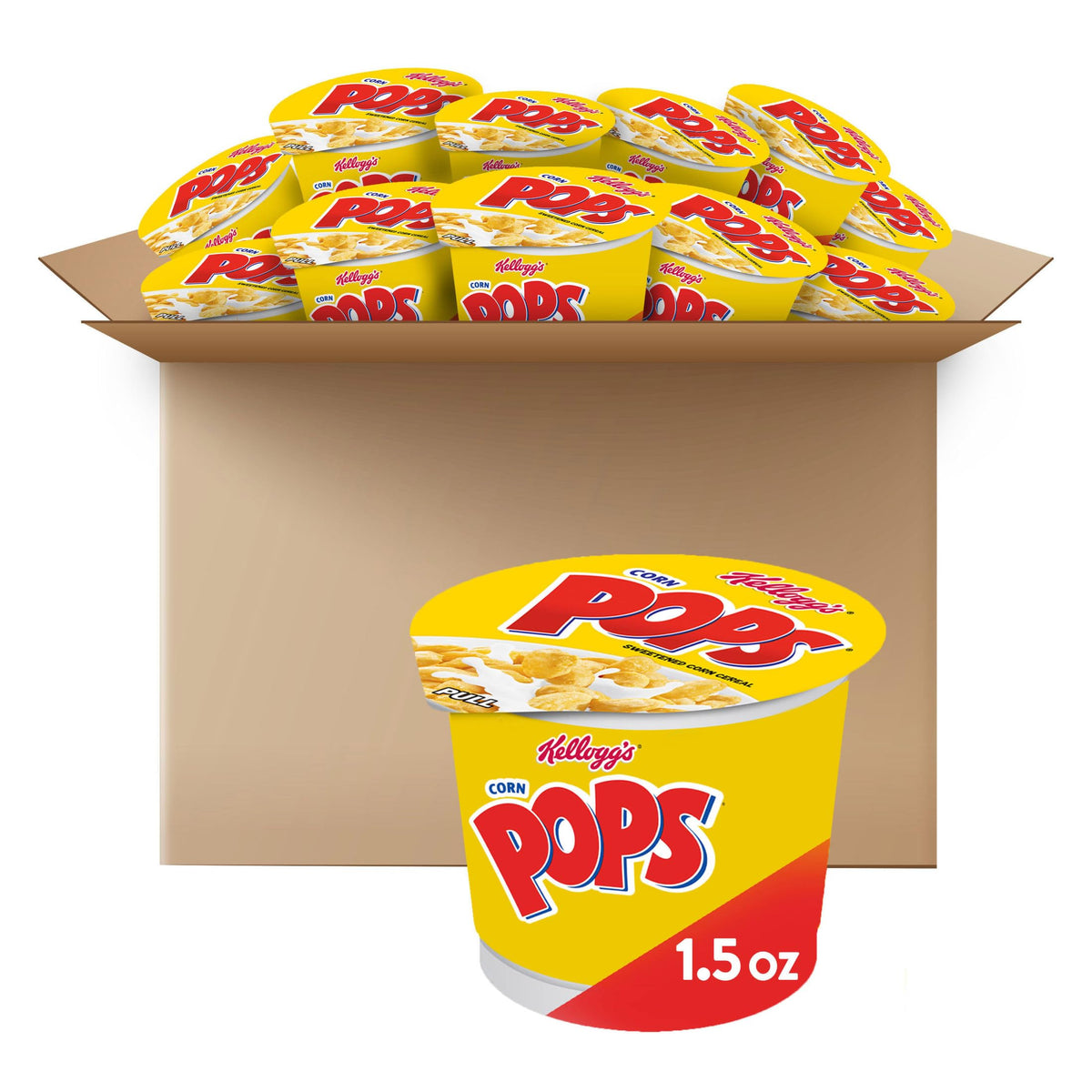 Kellogg's Corn Pops Cups original packaging for quick grab-and-go breakfast.