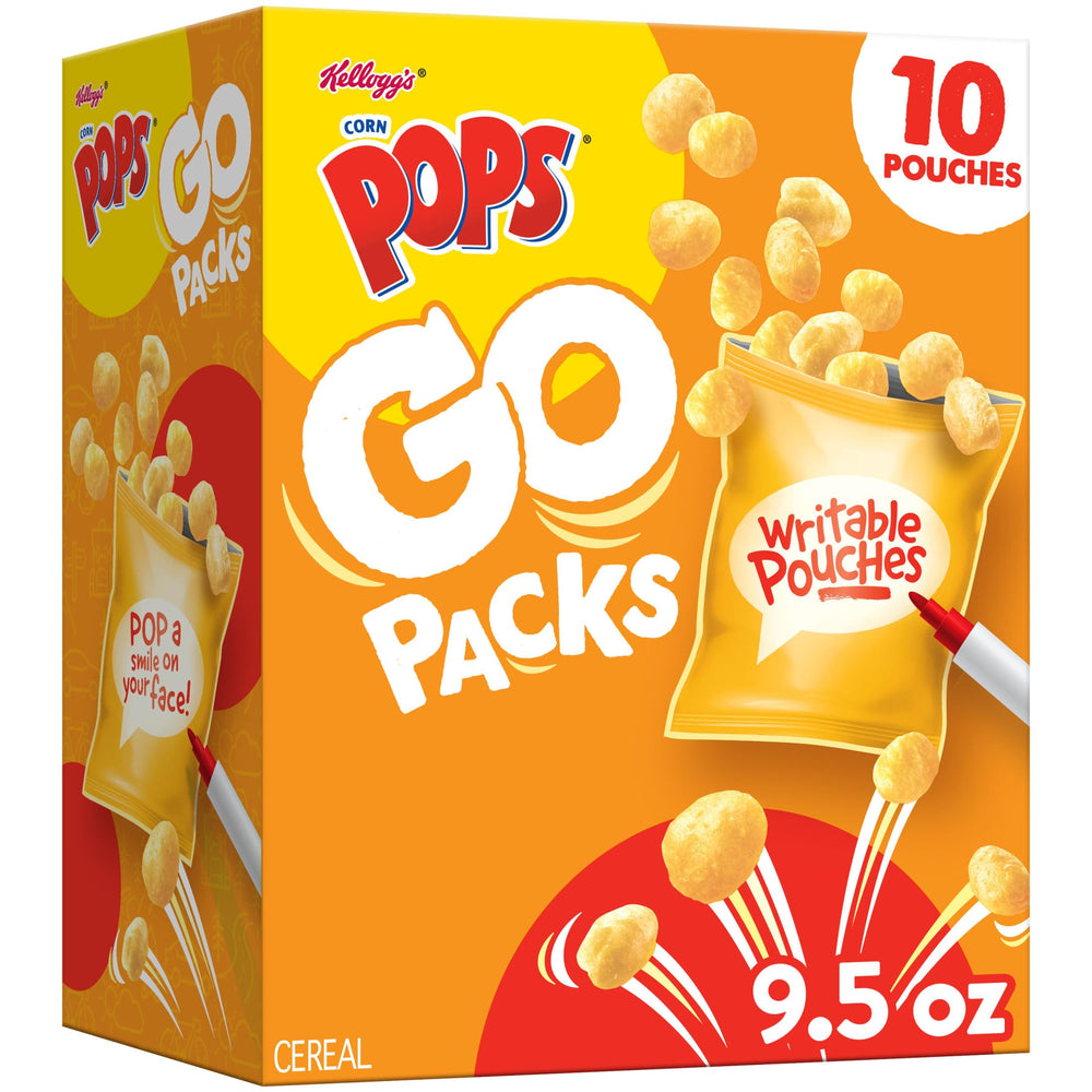 Kellogg's Corn Pops Go Packs box front ready for family breakfast.