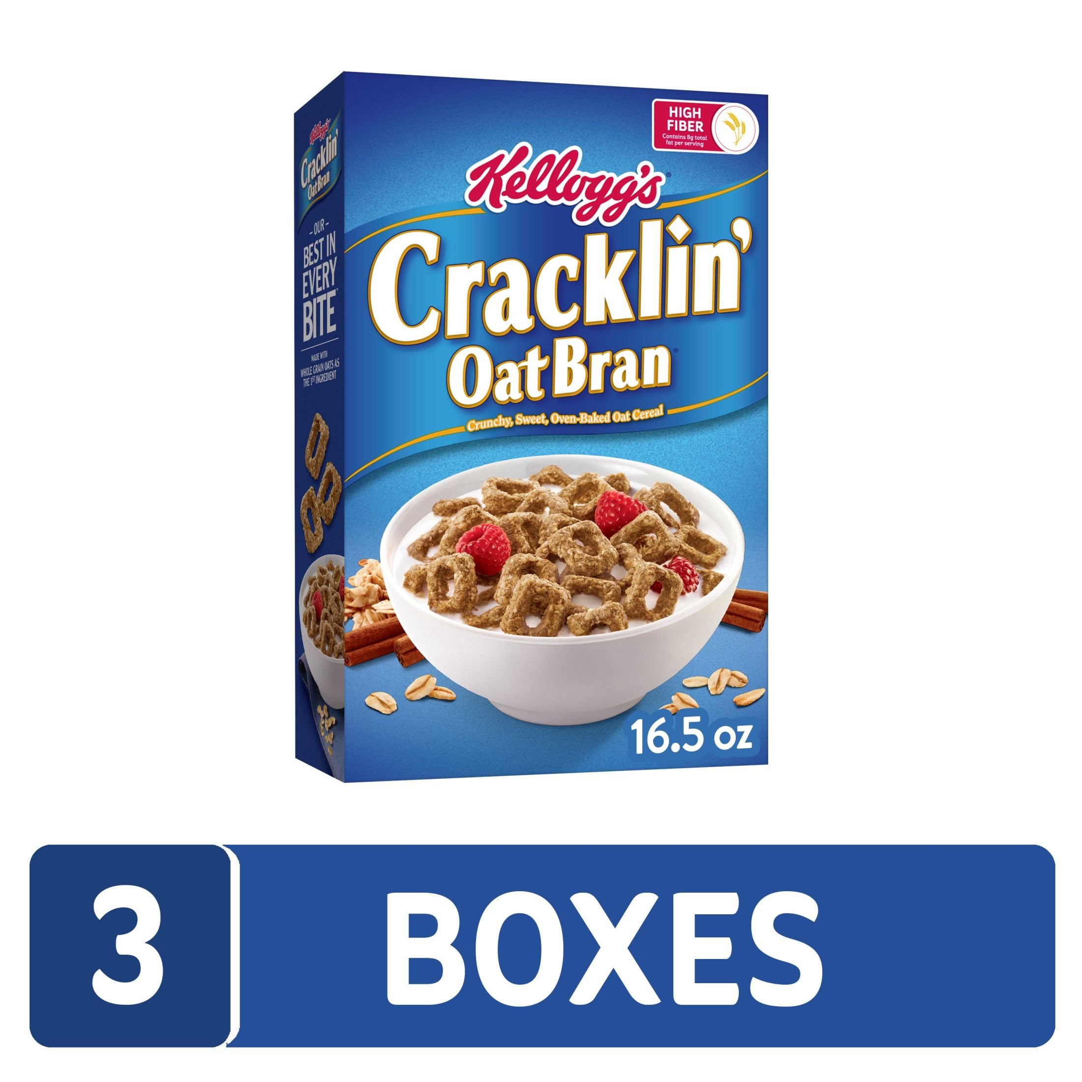 Kellogg's Cracklin' Oat Bran in bowl with milk, highlighting fiber