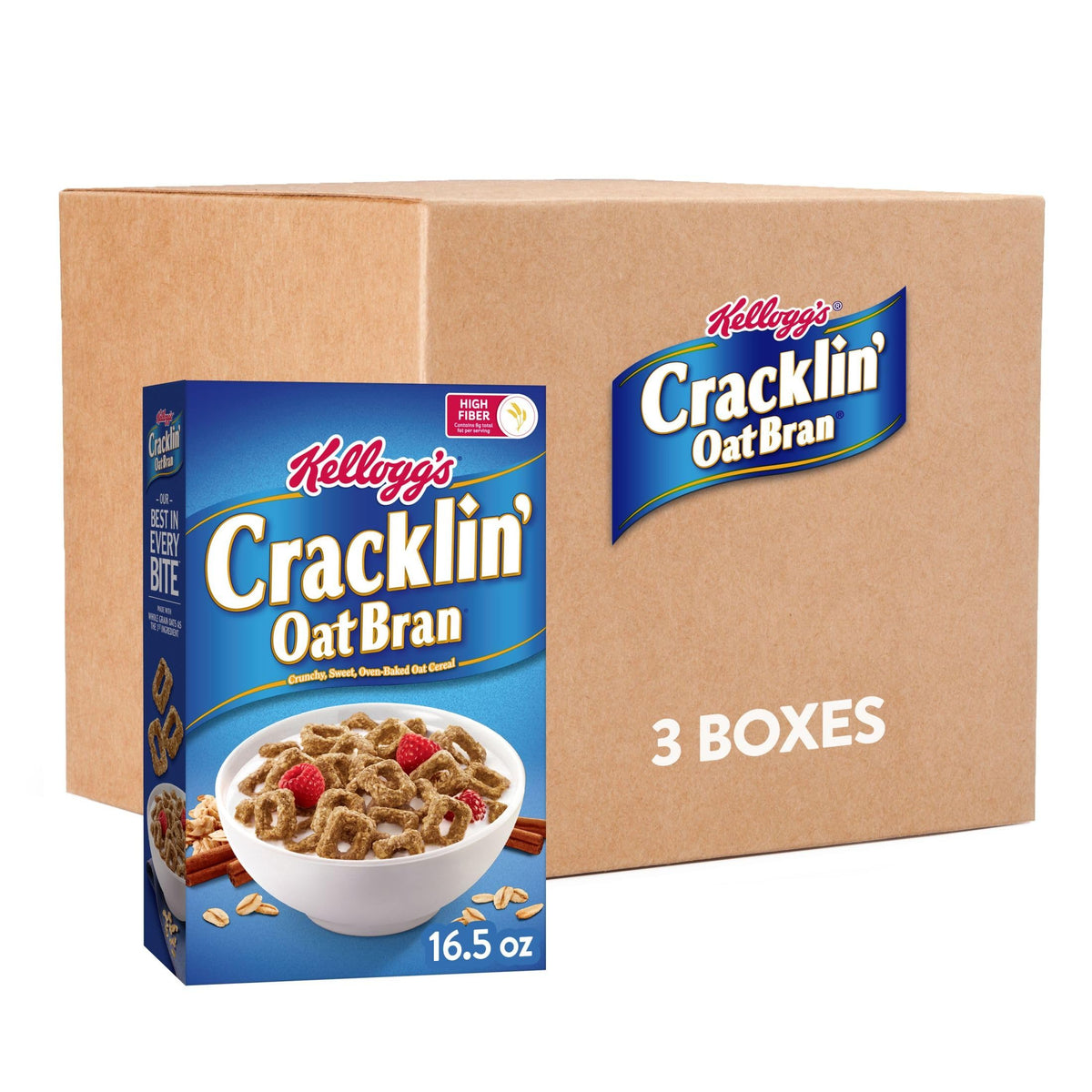 Kellogg's Cracklin' Oat Bran cereal box front, fiber-focused breakfast appeal