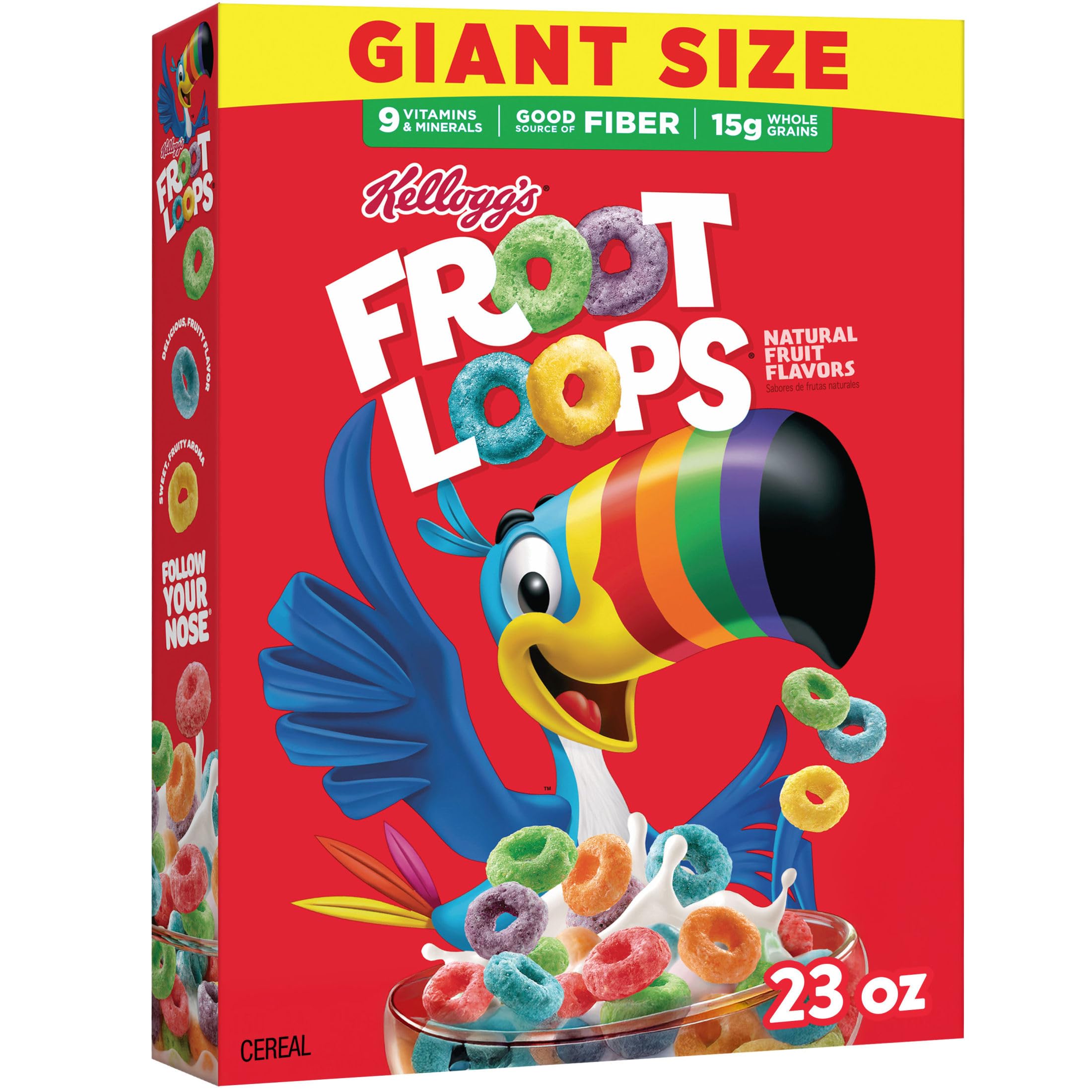 Kellogg's Froot Loops bowl with milk showing fruity flavor and fiber-rich start