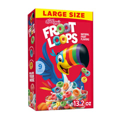 Kellogg's Froot Loops box front with colorful loops for quick, joyful breakfast.