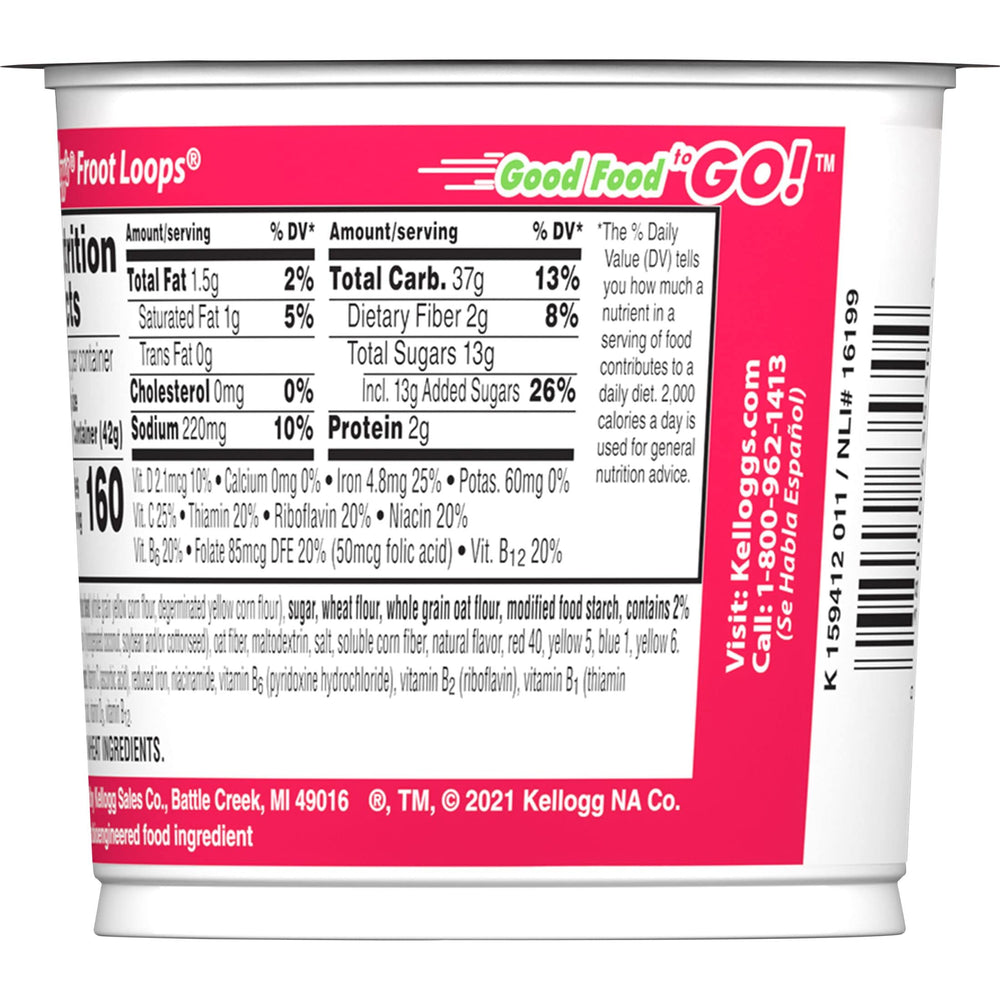 Vitamin-enriched Kellogg's Froot Loops cups highlight eight vitamins.