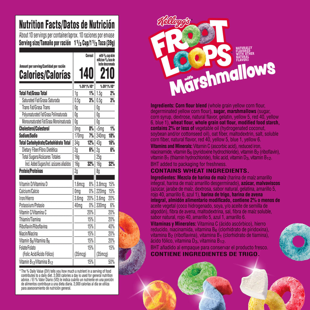 Colorful Kellogg's Froot Loops with Marshmallows bowl, marshmallows and milk, quick breakfast