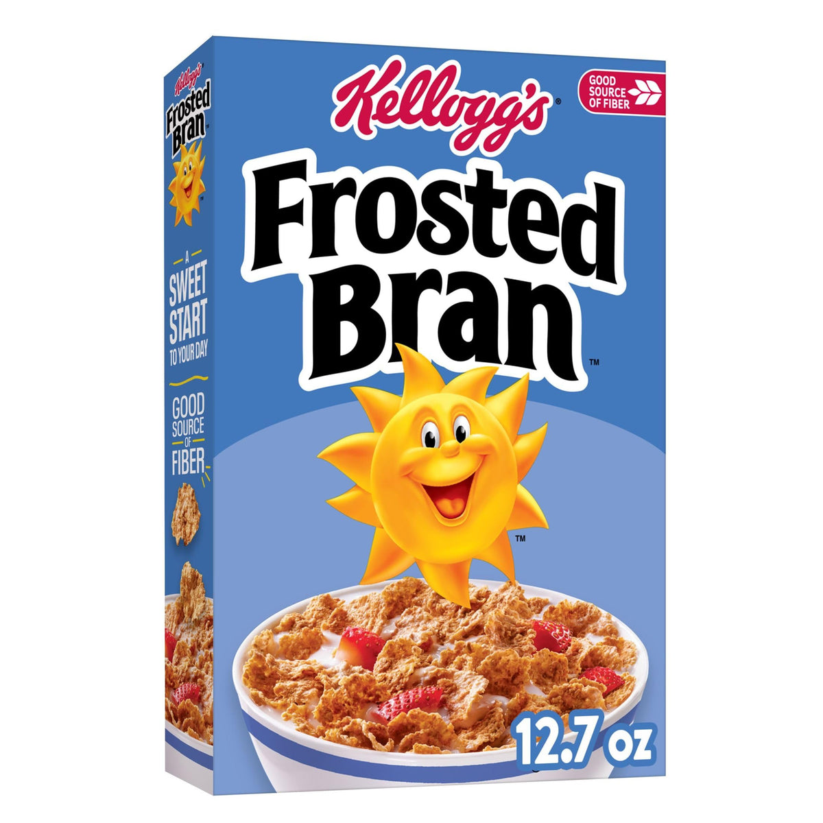 Kellogg's Frosted Bran bowl with milk, fiber-rich start to the day.
