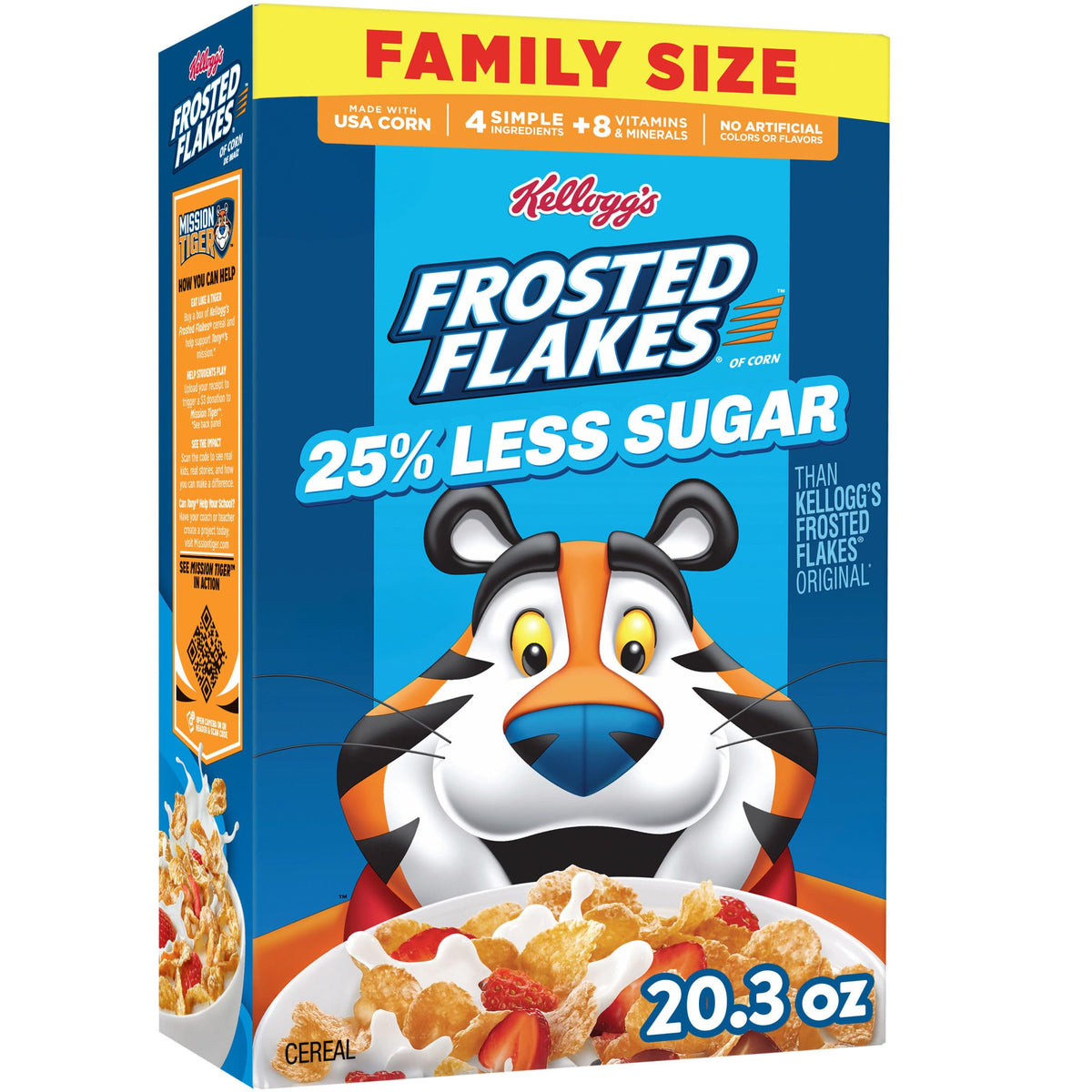 Kellogg's Frosted Flakes 25% Less Sugar cereal in a bowl for a quick breakfast.