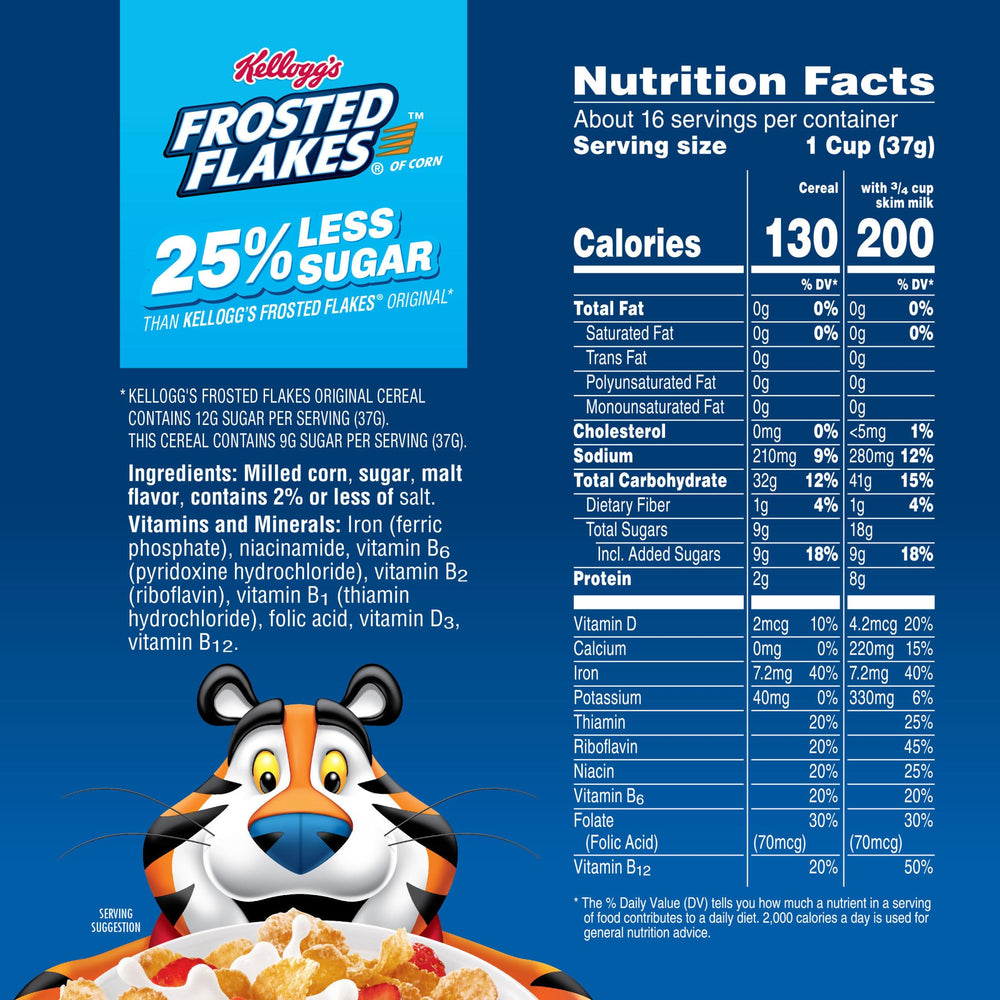 Kellogg's Frosted Flakes 25% Less Sugar box shown on kitchen counter.