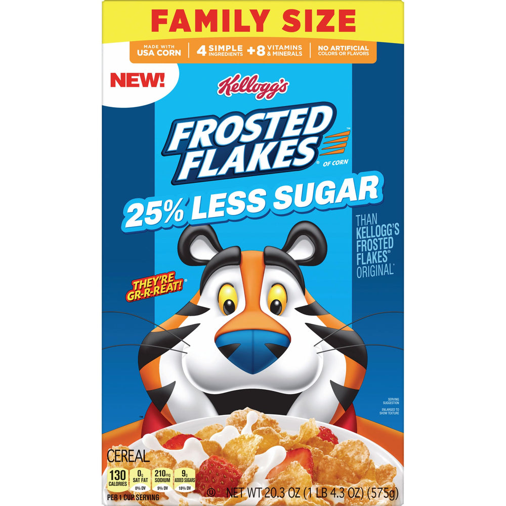Family enjoys Kellogg's Frosted Flakes 25% Less Sugar as a snack.