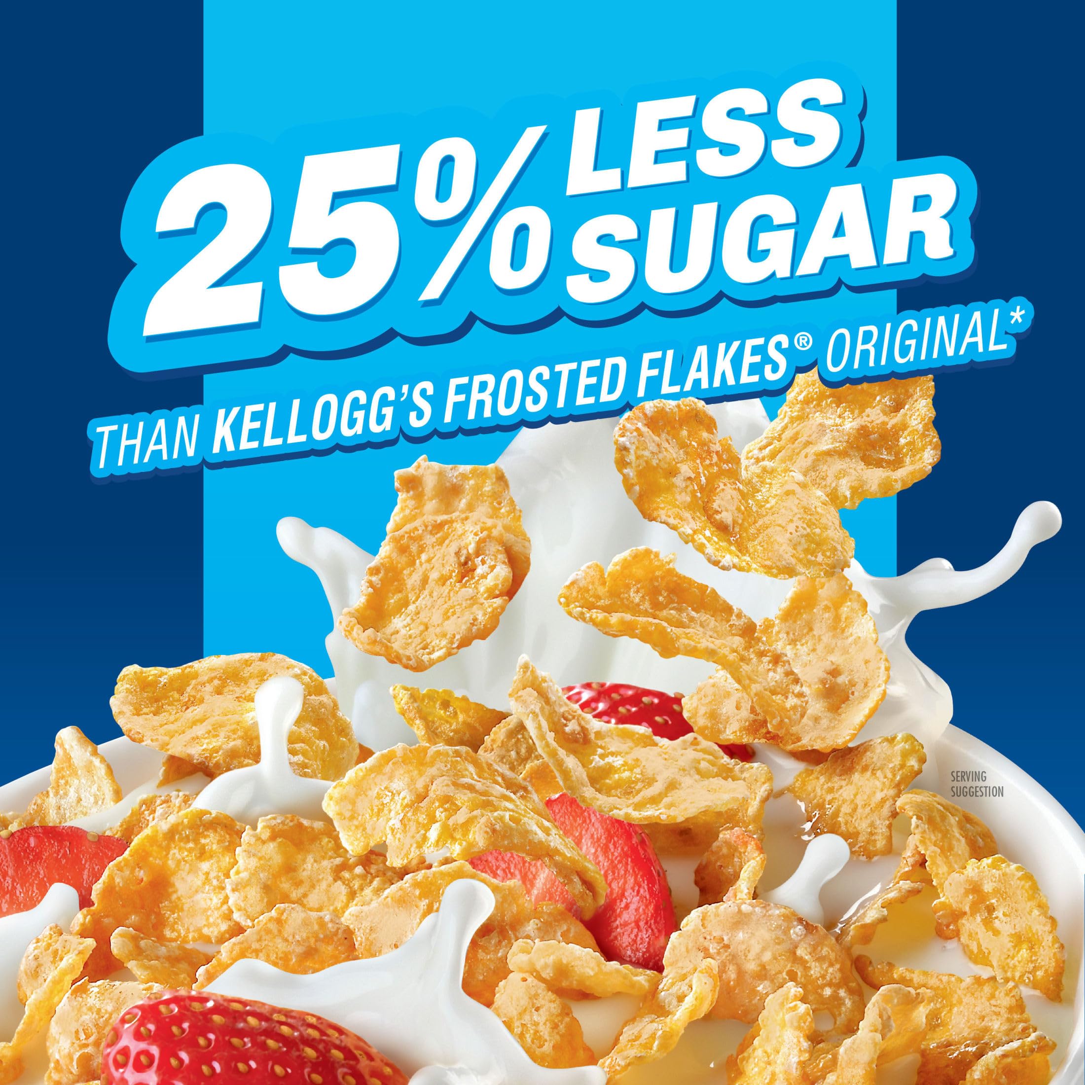 Pouring Kellogg's Frosted Flakes 25% Less Sugar into milk for a crunchy bite.