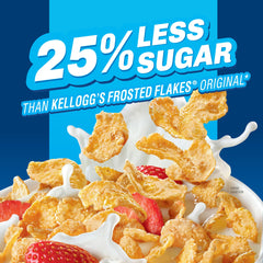 Pouring Kellogg's Frosted Flakes 25% Less Sugar into milk for a crunchy bite.