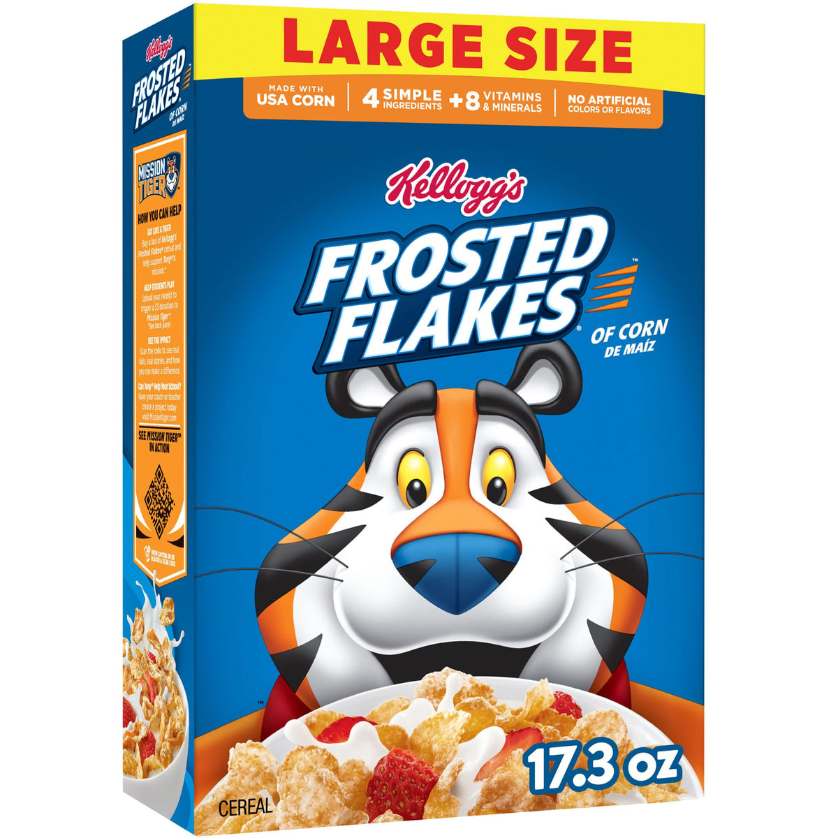 Kellogg's Frosted Flakes bowl with milk for a crunchy morning start.
