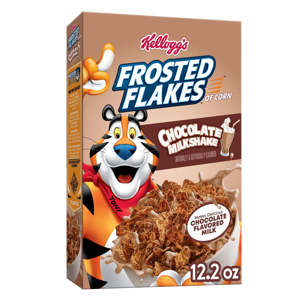 Kellogg's Frosted Flakes Chocolate Milkshake cereal in a bowl for a tasty breakfast.