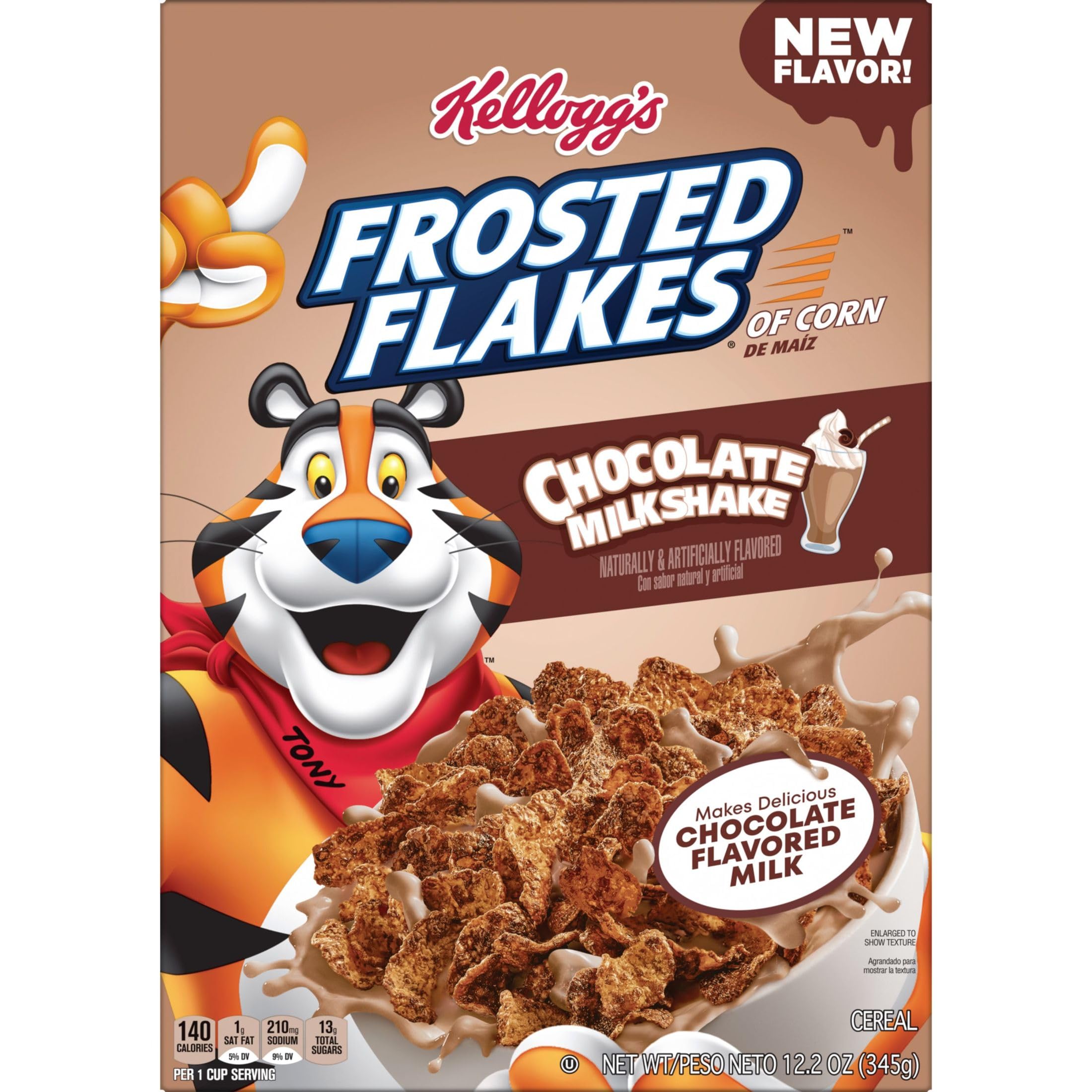 Kellogg's Frosted Flakes Chocolate Milkshake on kitchen counter.
