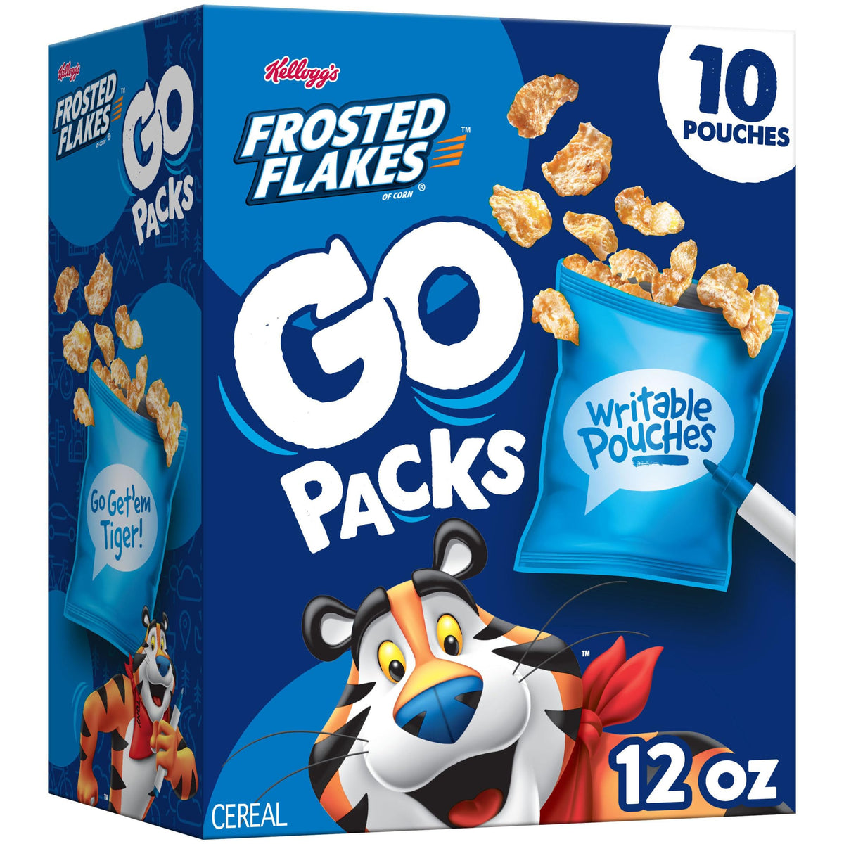 Kellogg's Frosted Flakes Go Packs box with ten 1.2 oz pouches.