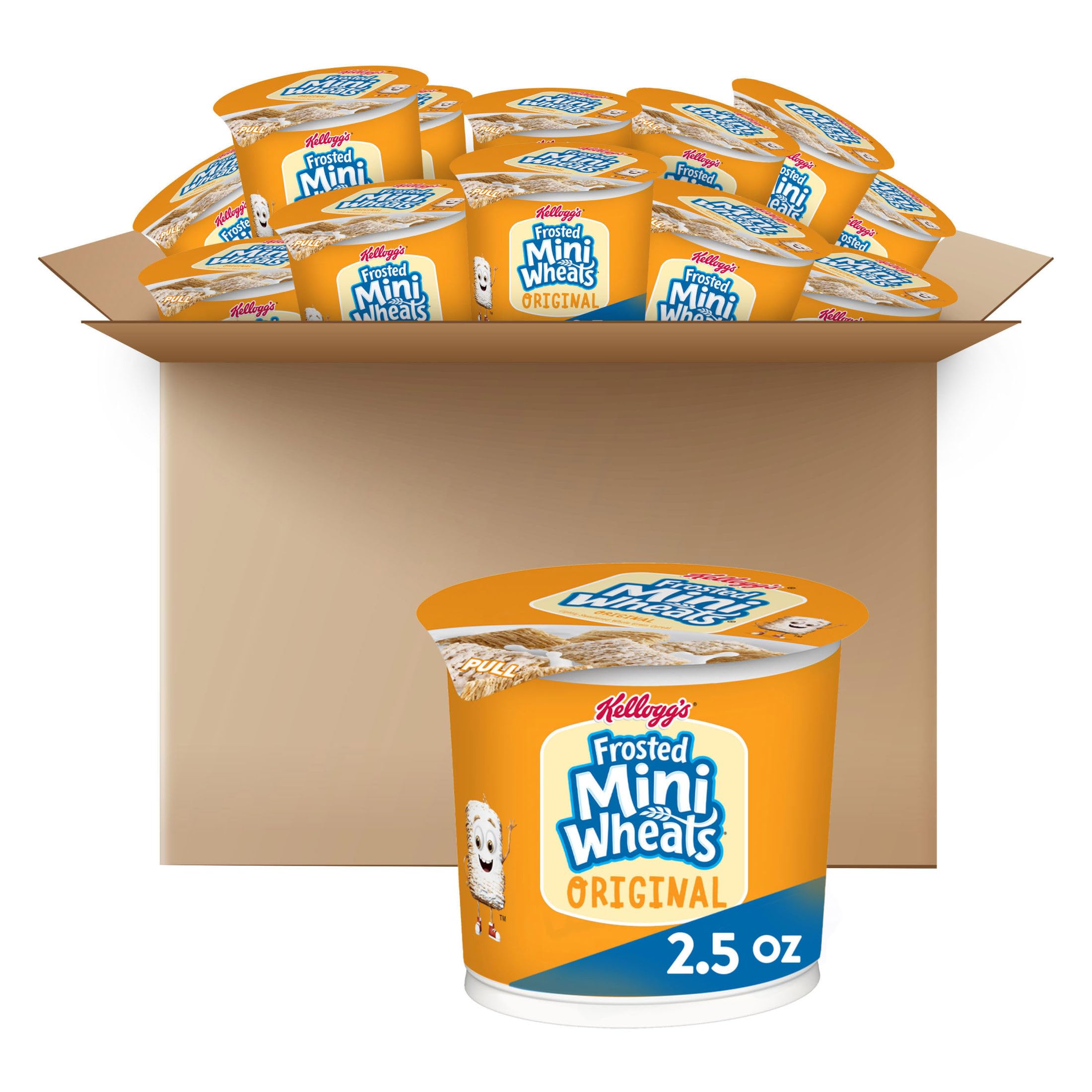Kellogg's Frosted Mini-Wheats bite-sized biscuits in a bowl with milk for a fiber-rich start.