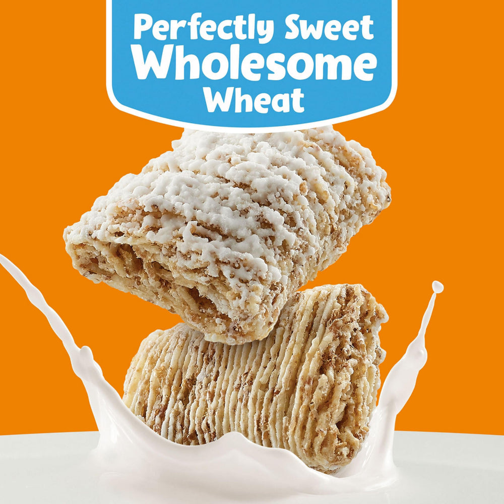 Kellogg's Frosted Mini-Wheats giant-size box on kitchen counter for family breakfast.