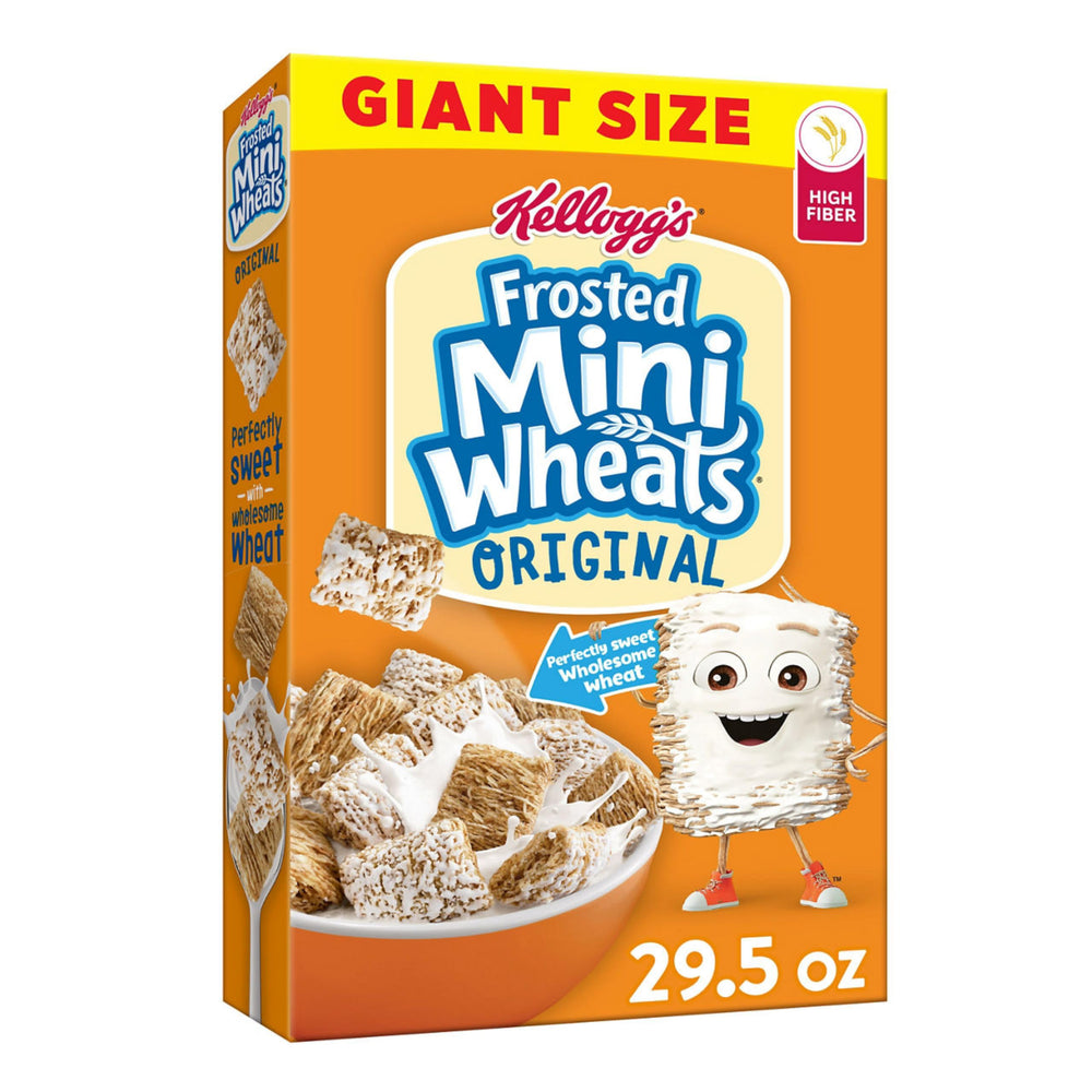Kellogg's Frosted Mini-Wheats in a bowl with milk, highlighting whole grain crunch.