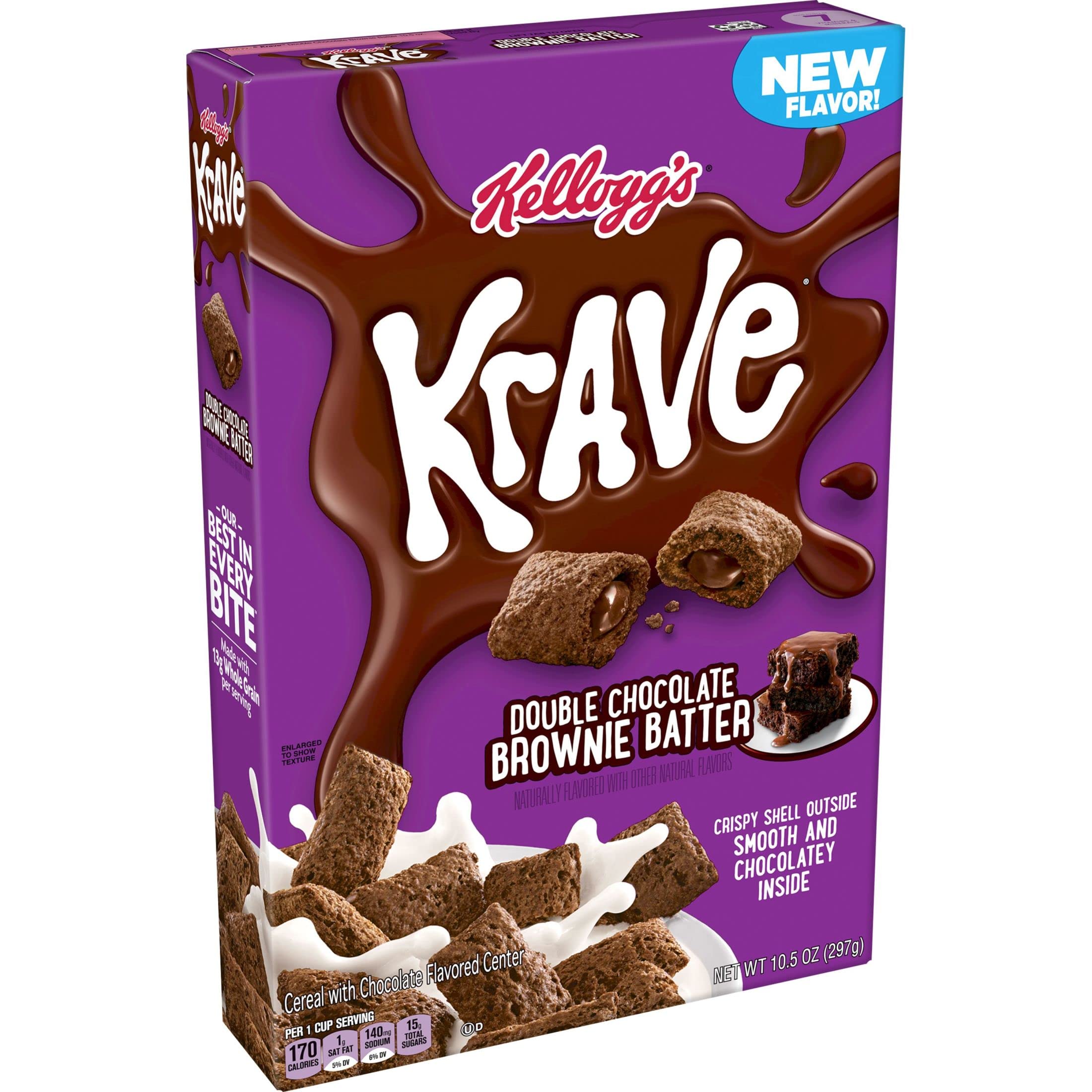 Kellogg's Krave Brownie Batter cereal in a bowl, chocolatey breakfast option