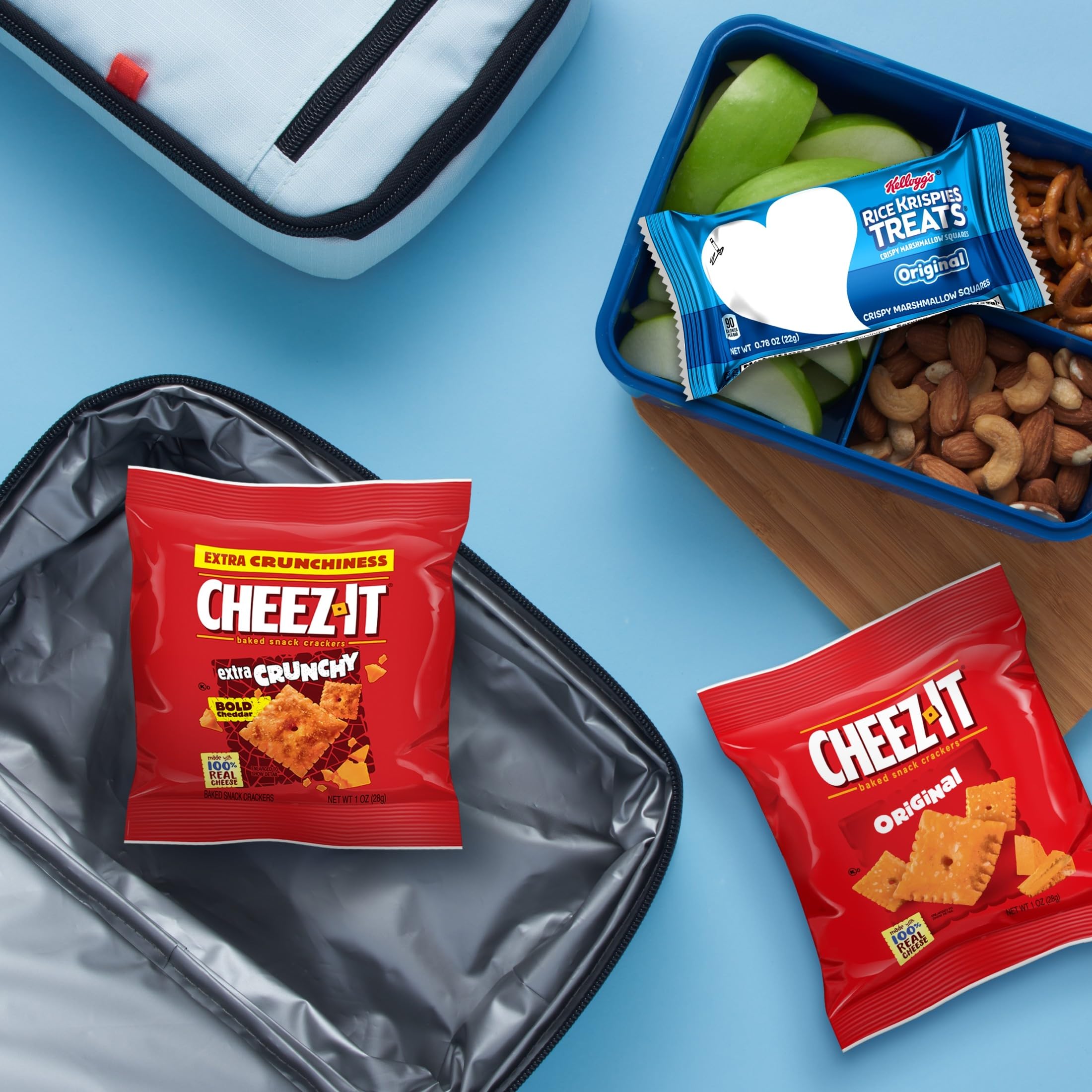 Kellogg's Mega Variety Pack on the kitchen counter, convenient family snacks.