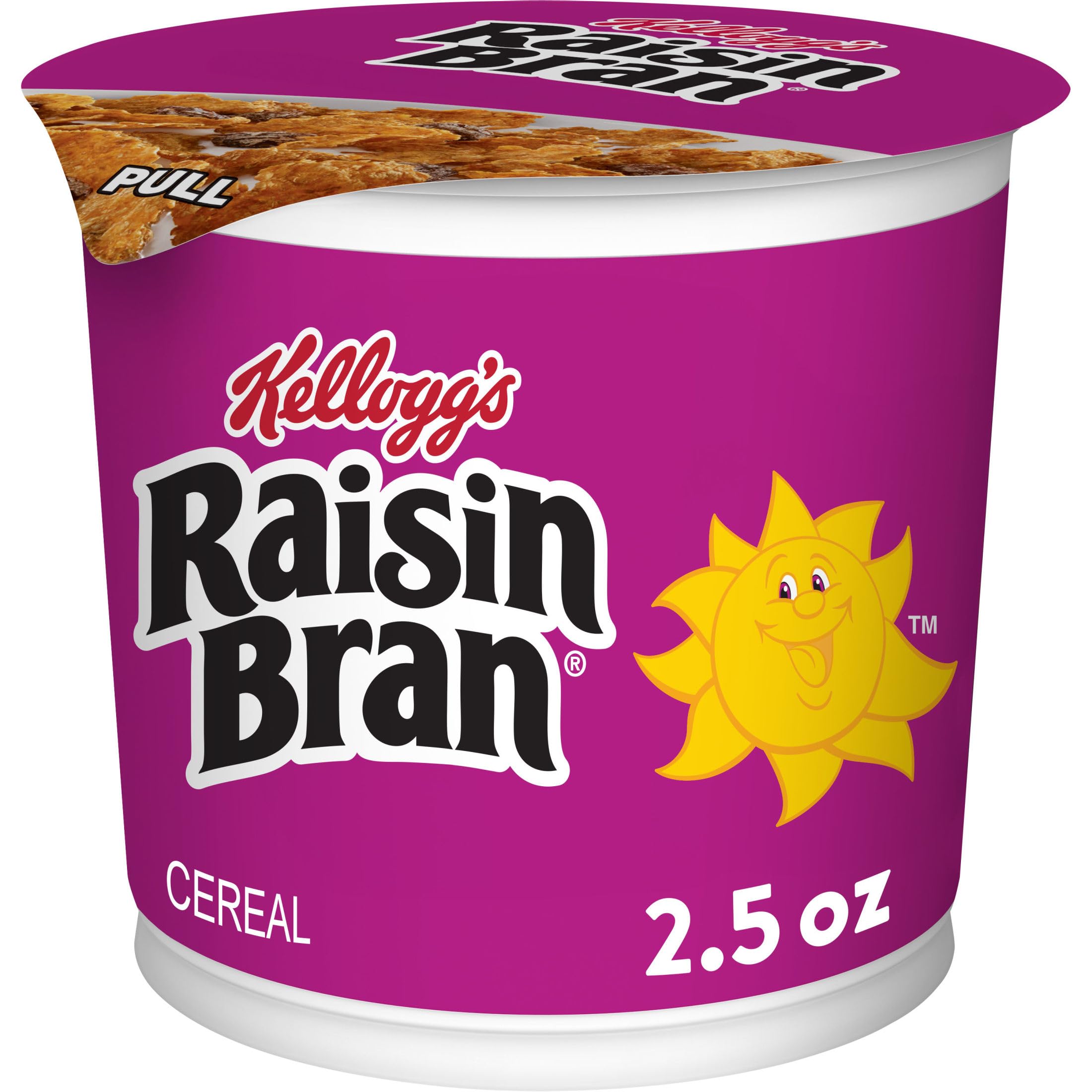 Kellogg's Raisin Bran cup close-up, fiber-rich breakfast option.