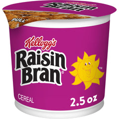 Kellogg's Raisin Bran cup close-up, fiber-rich breakfast option.