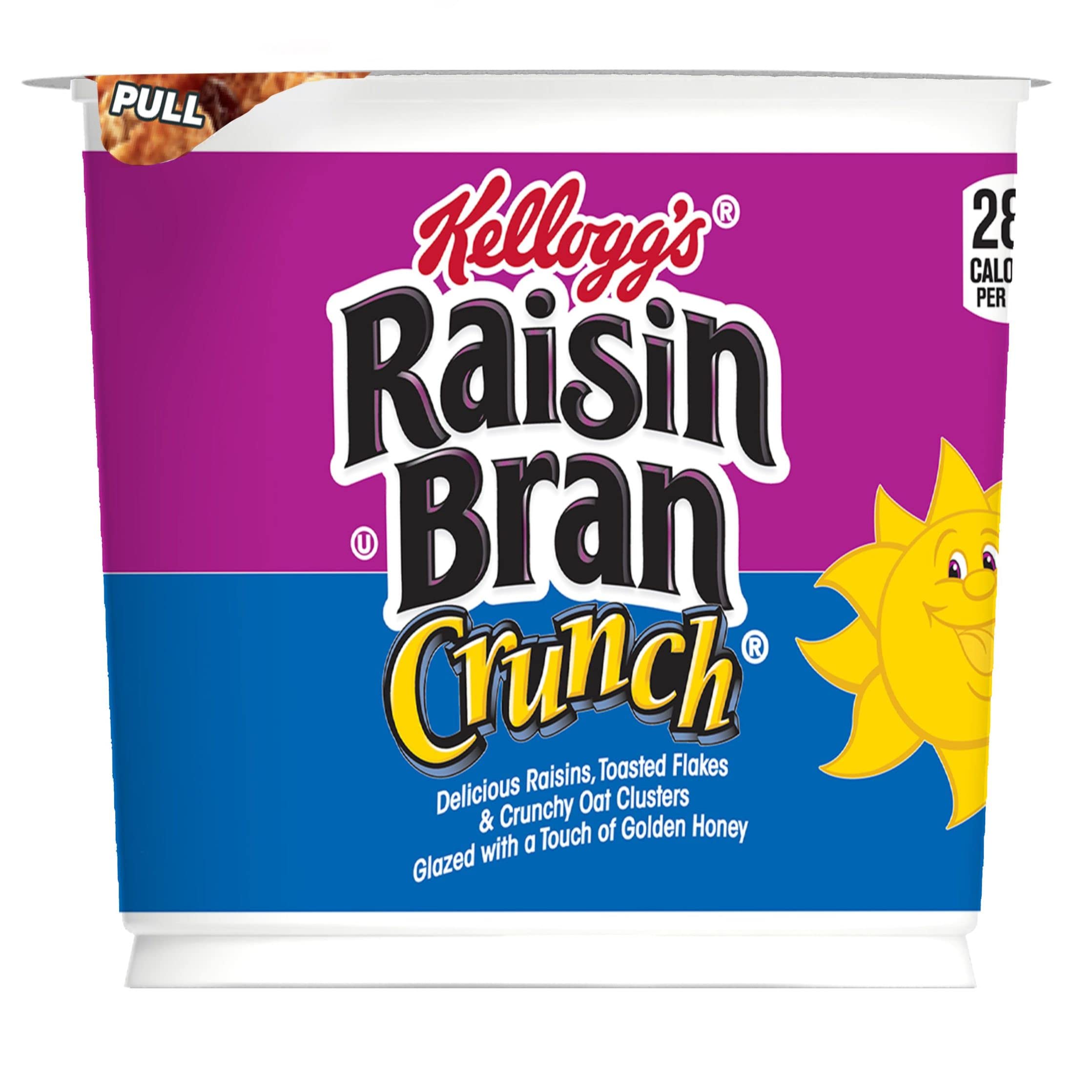 Kellogg's Raisin Bran Crunch in a bowl with milk, showing crunchy texture.