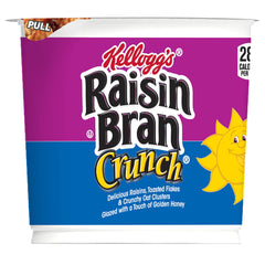 Kellogg's Raisin Bran Crunch in a bowl with milk, showing crunchy texture.