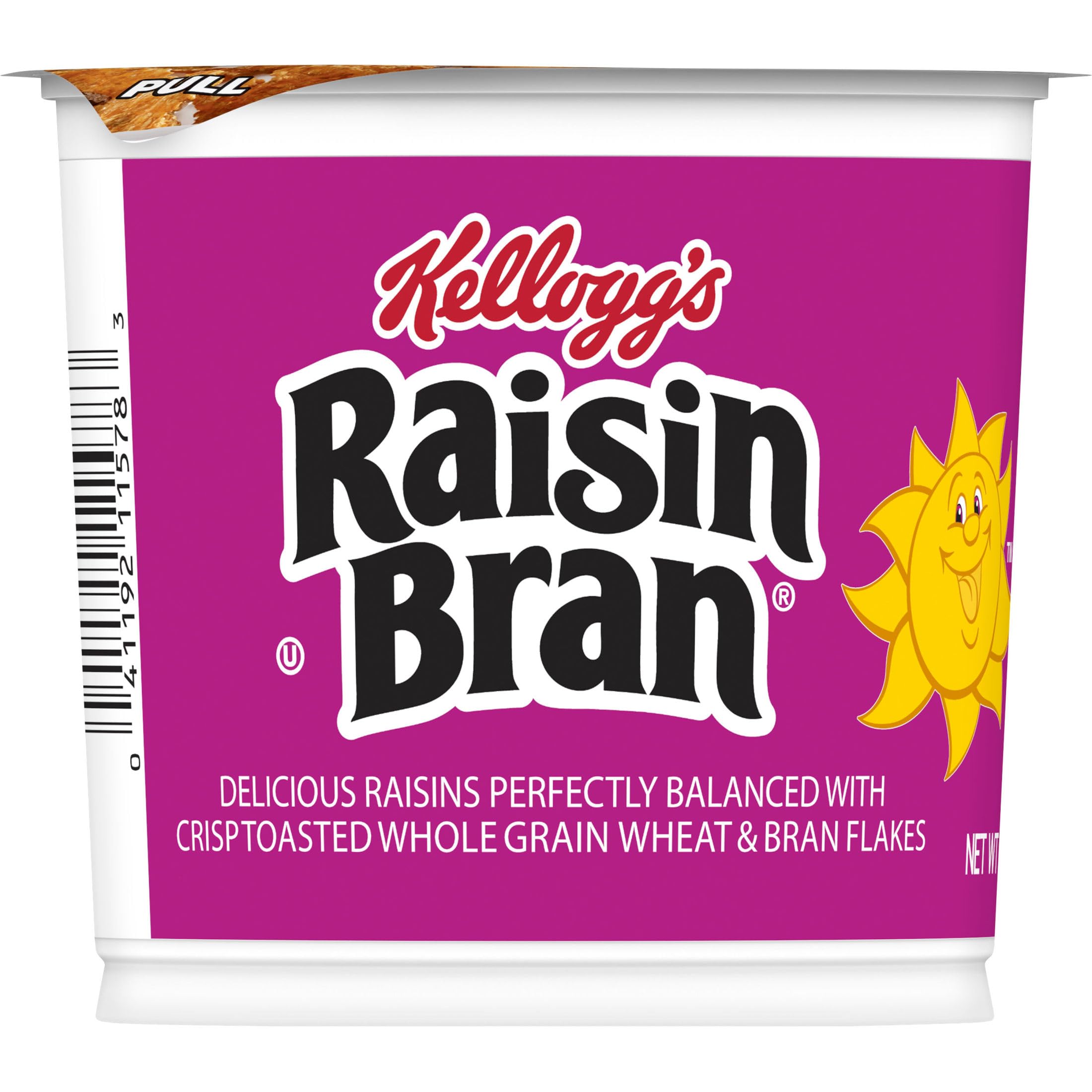 Kellogg's Raisin Bran packaging display, shelf-stable breakfast option.