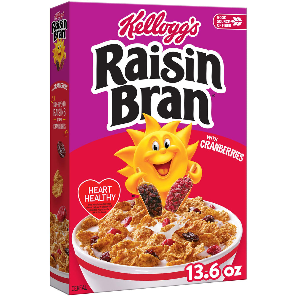 Kellogg's Raisin Bran with Cranberries box front showing fiber rich breakfast