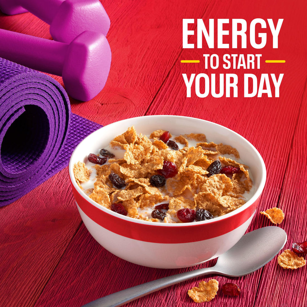 Multigrain bran flakes close-up in Kellogg's Raisin Bran with Cranberries for texture