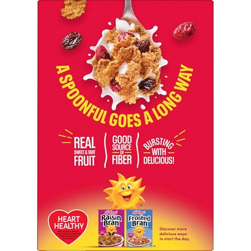 Nutrition panel on Kellogg's Raisin Bran with Cranberries highlights 18 g whole grains