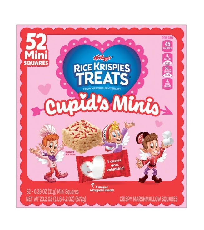 Kellogg's Rice Krispies Treats Cupid's Minis packaging featuring Cupid art, ideal for Valentine's sharing.