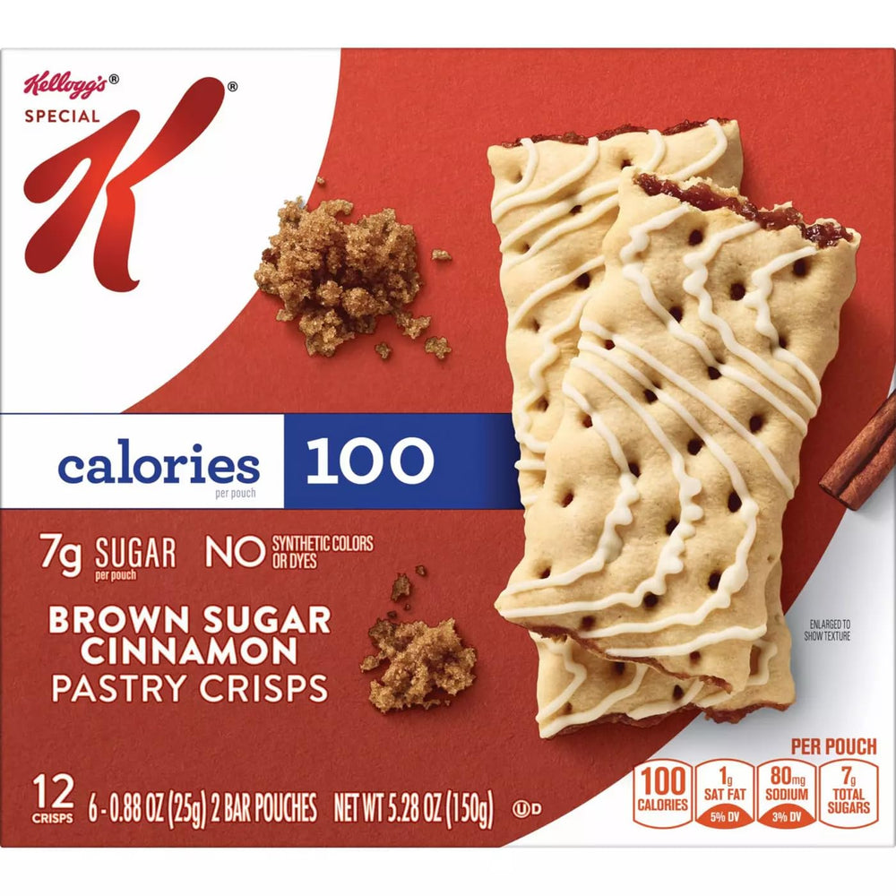 Kellogg's Special K Pastry Crisps Brown Sugar Cinnamon snack pouch, no artificial colors.