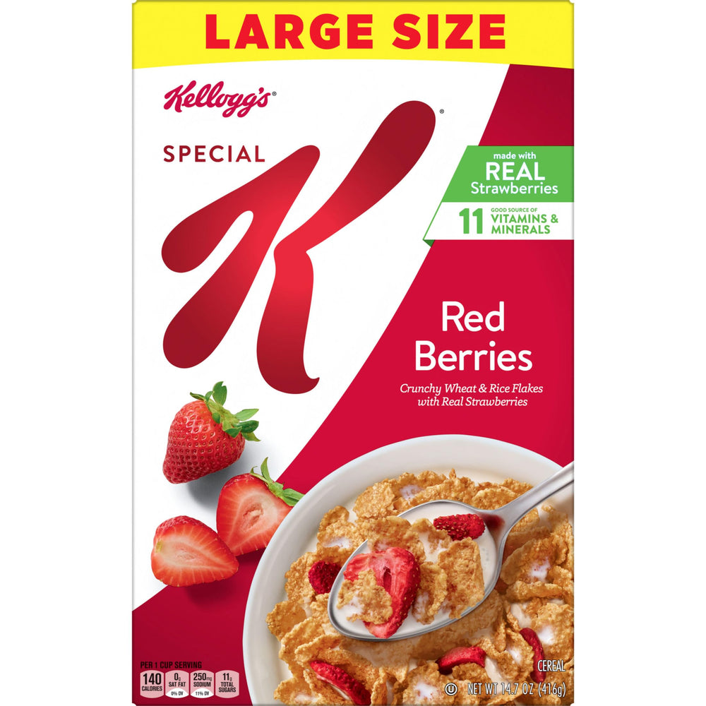 Kellogg's Special K Red Berries close-up of crunchy flakes and berries.