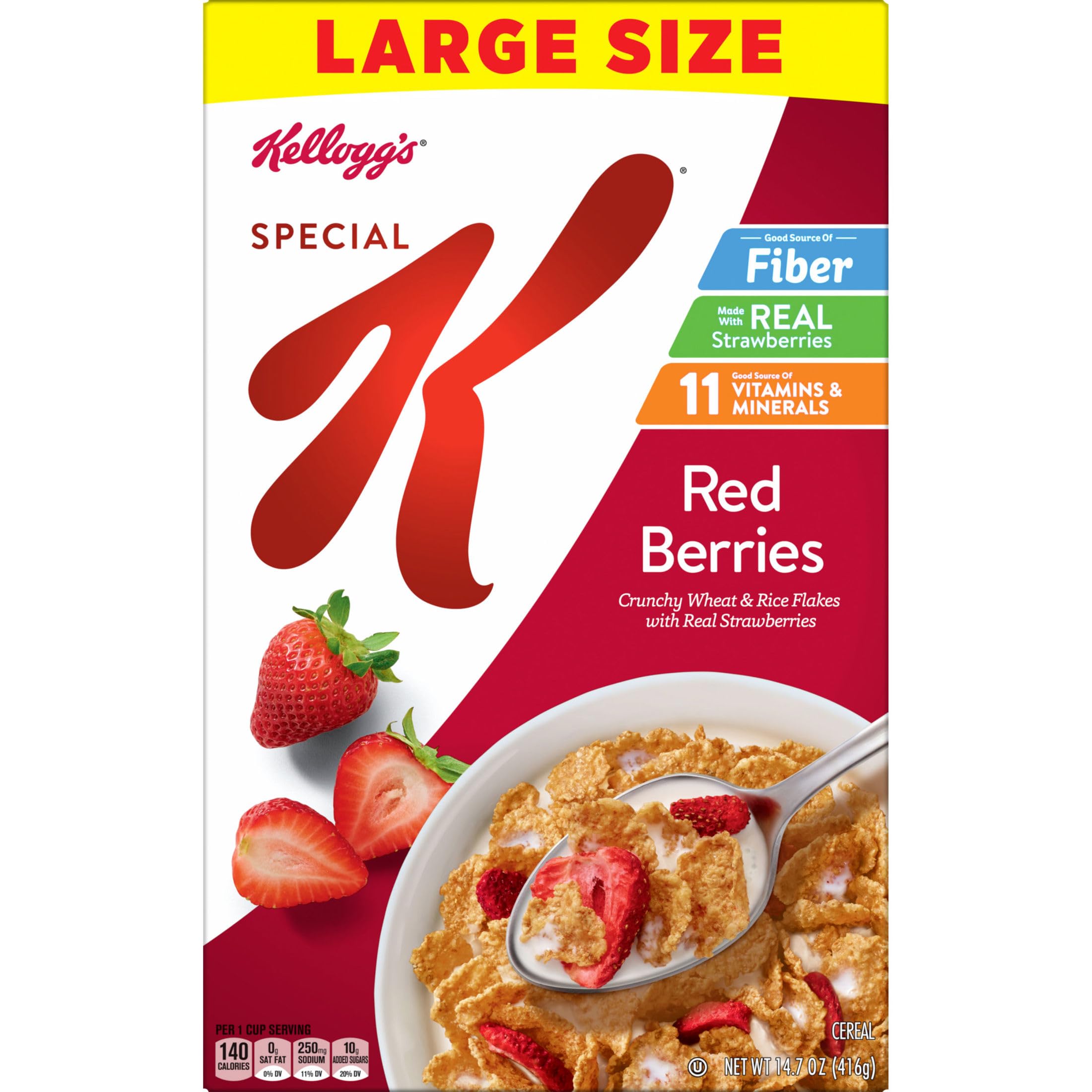 Kellogg's Special K Red Berries bowl with milk highlights real strawberries.