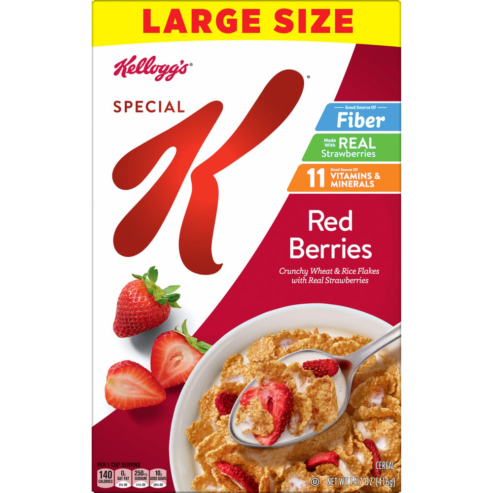Kellogg's Special K Red Berries bowl with milk highlights real strawberries.