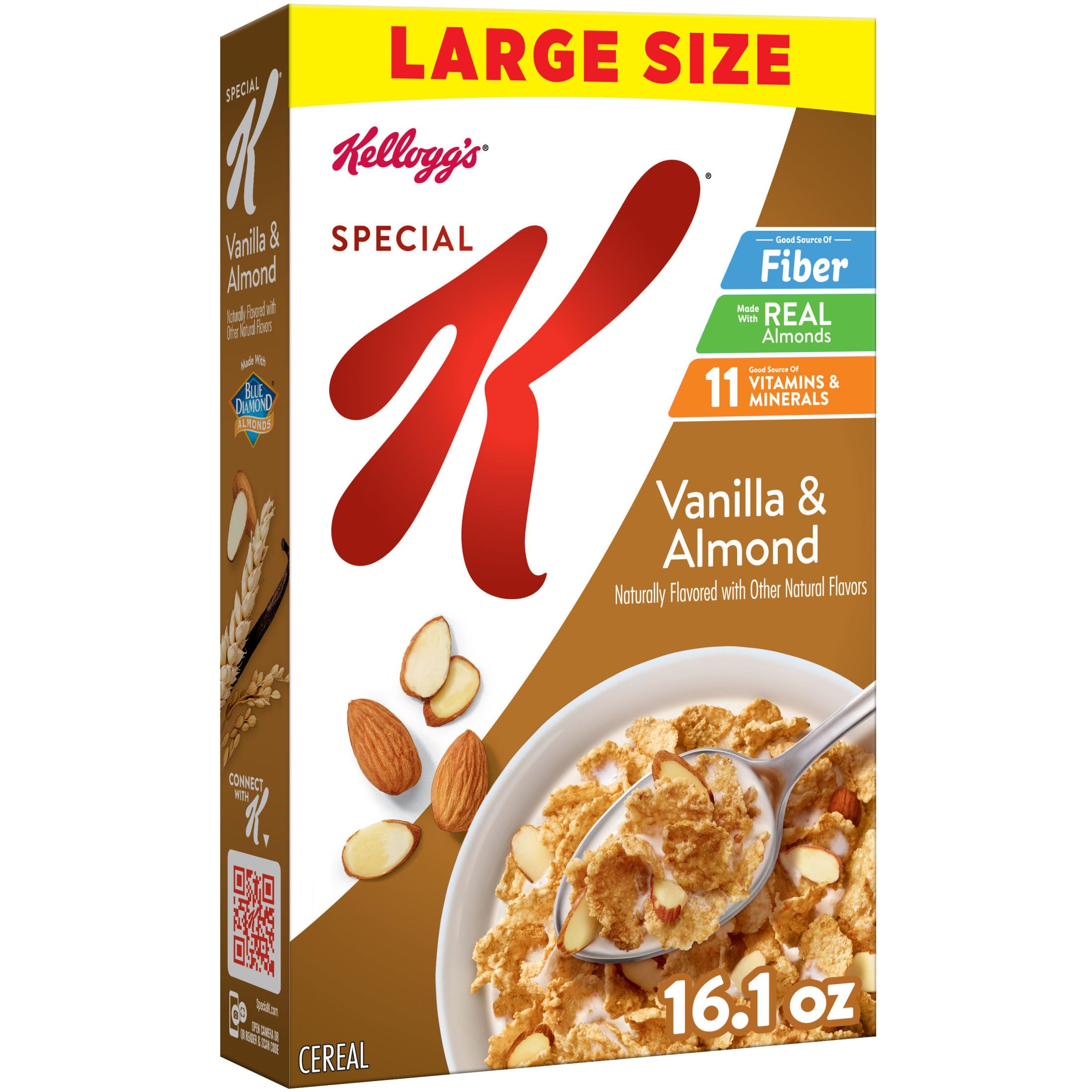 Kellogg's Special K Vanilla and Almond cereal box on a kitchen counter, quick wholesome breakfast.