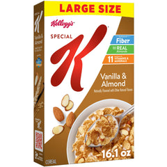 Kellogg's Special K Vanilla and Almond cereal box on a kitchen counter, quick wholesome breakfast.