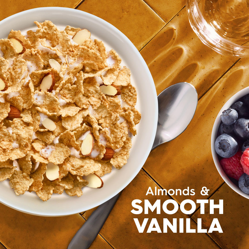 Kellogg's Special K Vanilla and Almond cereal close-up with almonds, highlighting wholesome textures.