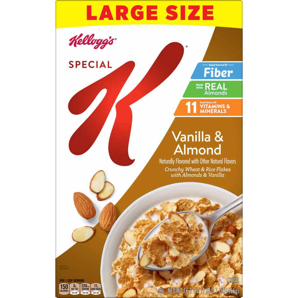 Kellogg's Special K Vanilla and Almond cereal being scooped with milk.