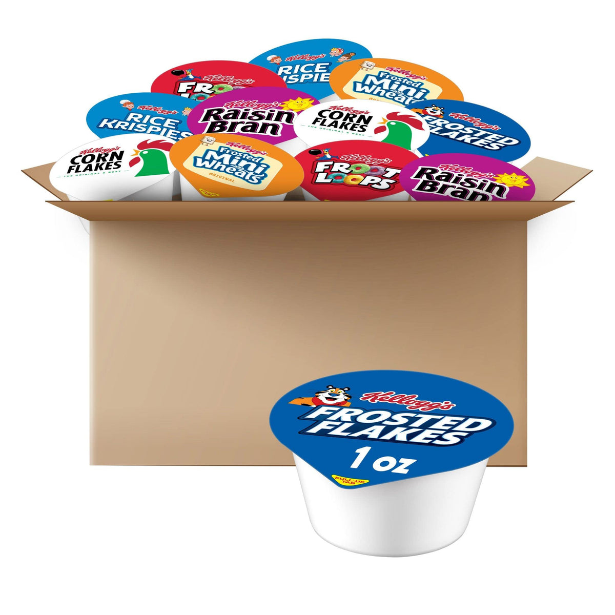 Kellogg's Breakfast Cereal Cups variety pack on display for quick, on-the-go mornings.